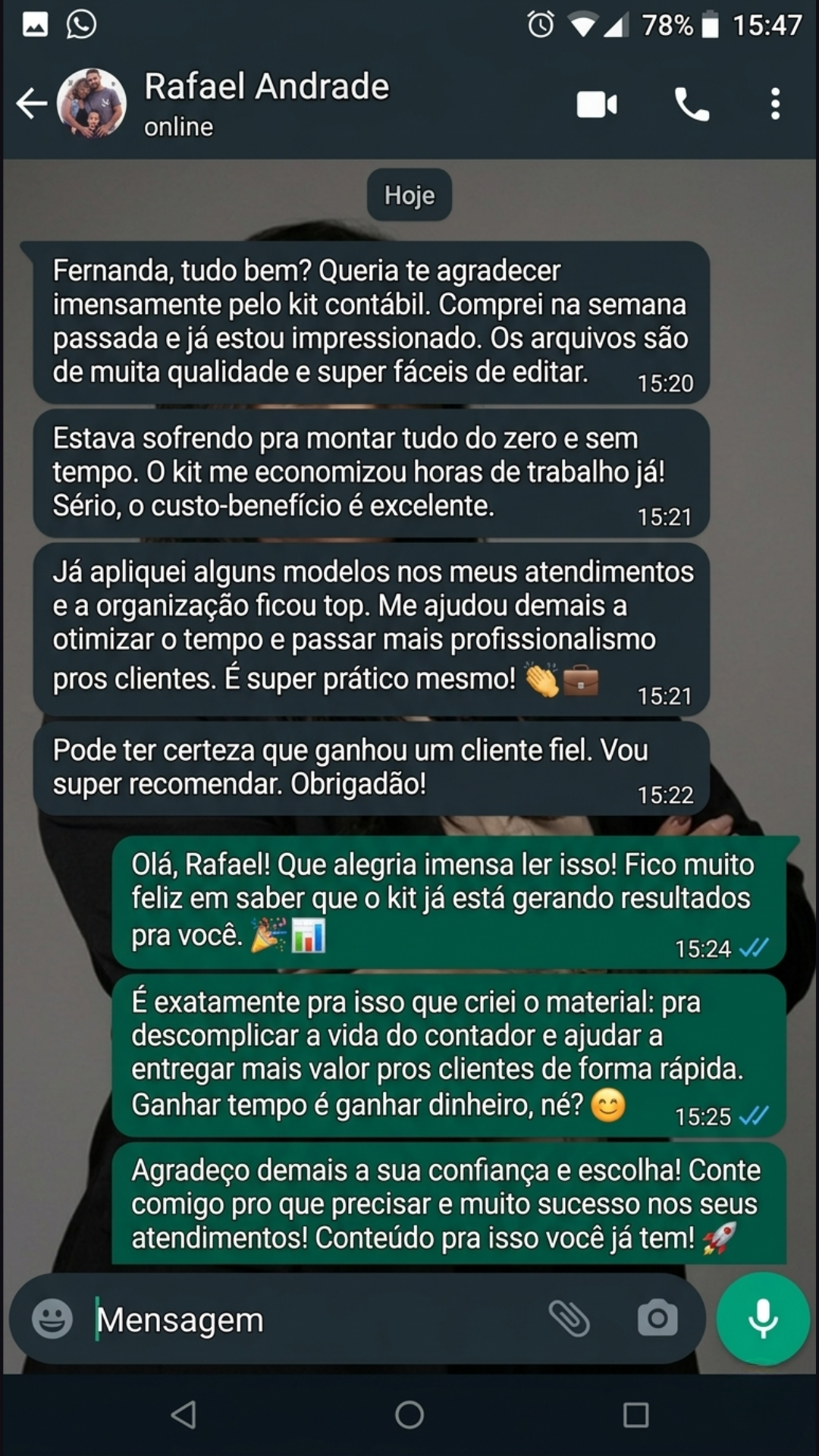 Print de depoimento de cliente sobre o Kit Contador 2.0