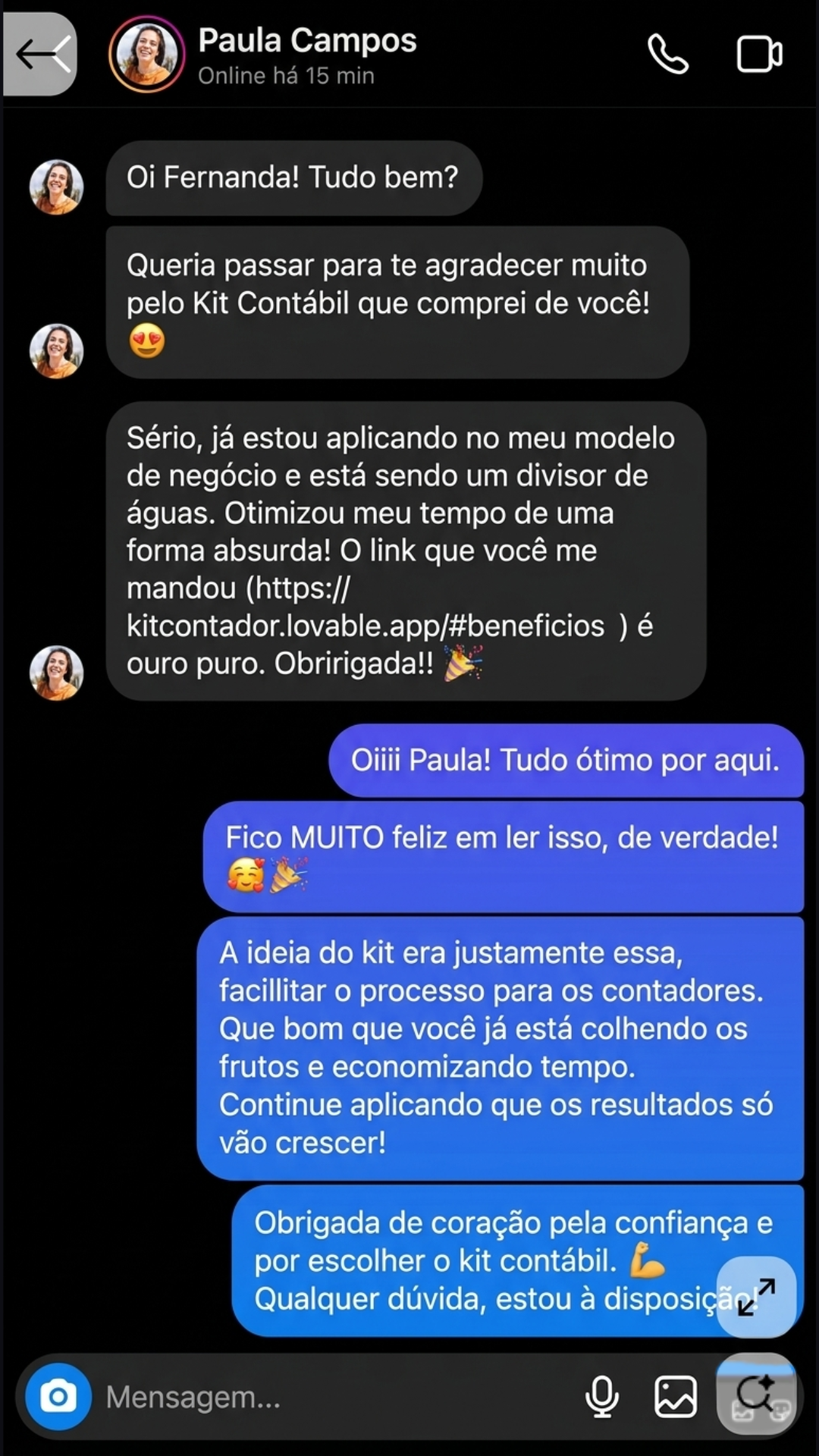 Print de depoimento de cliente sobre o Kit Contador 2.0