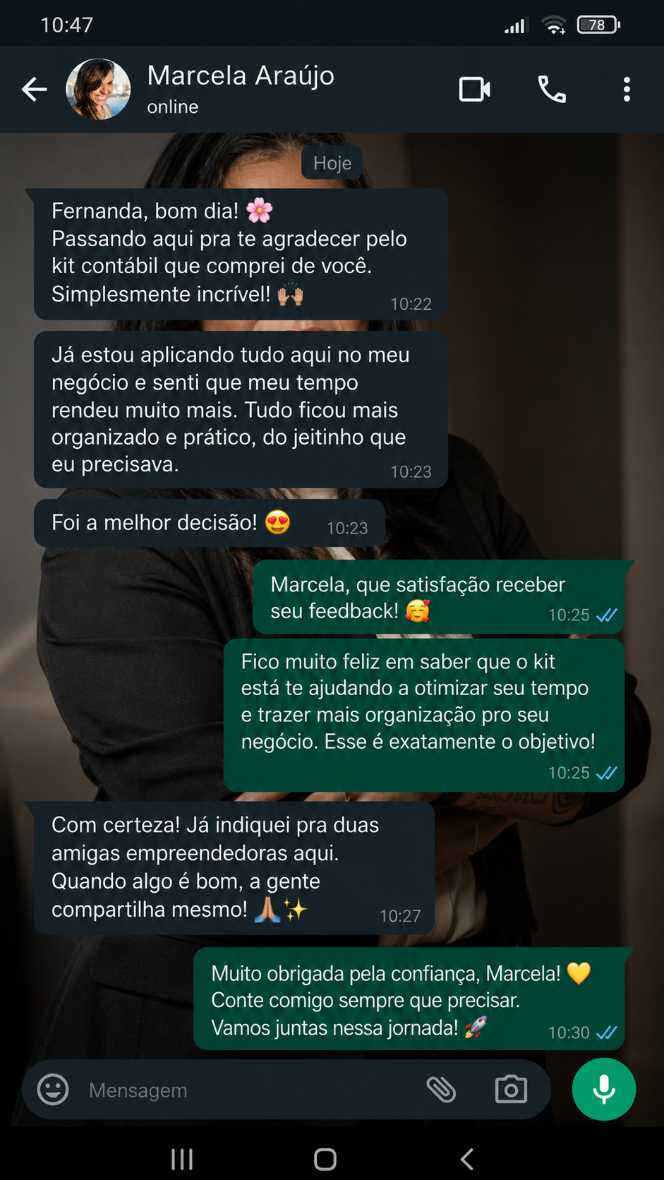 Print de depoimento de cliente sobre o Kit Contador 2.0